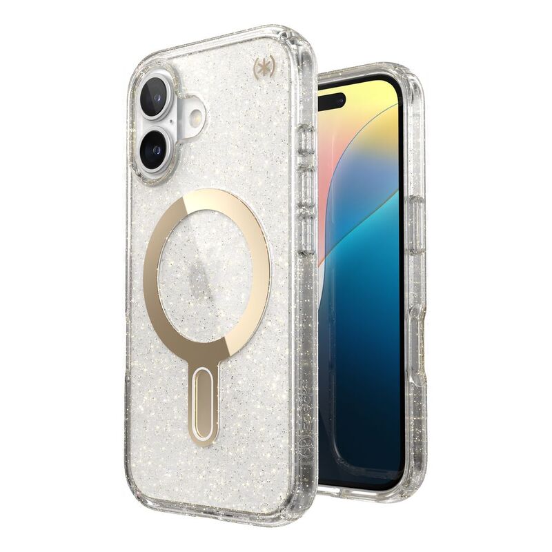 Speck iPhone 16 Presidio Lux Glitter Case With MagSafe And ClickClock - Clear/Gold Glitter