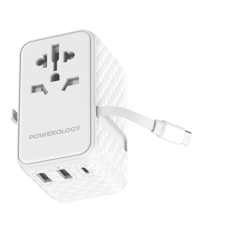 Powerology Gan 20W Pd Universal Adapter Retractable Type-C Cable - White Powerology Gan 20W Pd Universal Adapter Retractable Type-C Cable - White