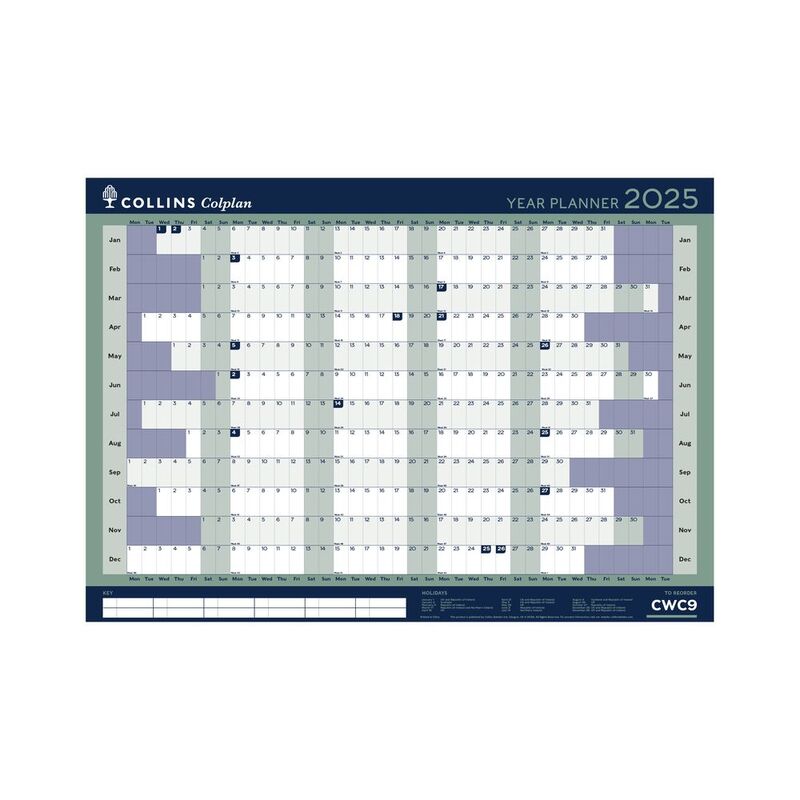 Collins Debden Colplan 2025 - A1 Yearly Wall Calendar And Planner - Large Laminated Year Planner - Navy