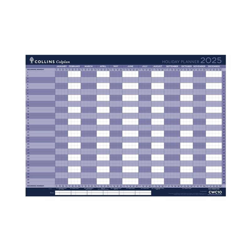 Collins Debden Colplan 2025 - A1 Yearly Holiday Calendar Wall Planner - Large Laminated Year Planner With 38 Name Spaces - Navy