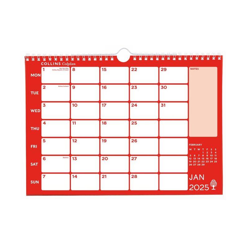 Collins Debden Colplan 2025 - A4 Wiro Monthly Memo Calendar - Large Wiro Bound Paper Calendar - Red