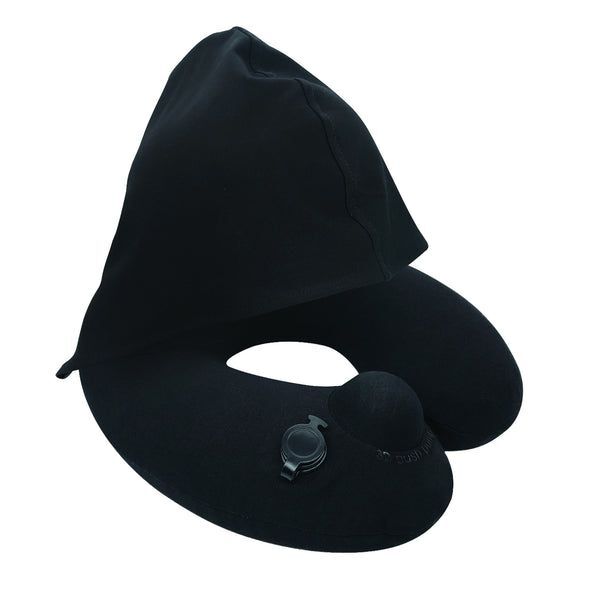 Travelmall World's First 3D Inflatable Neck Pillow With Patented Pump And Foldable Hood - Black