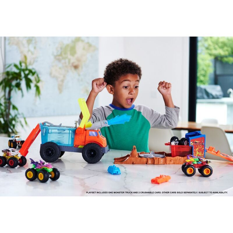 Hot Wheels Monster Trucks Arena Smashers Color Shifters 5 Alarm Rescue Playset With 3 1.64 Die-Cast Cars