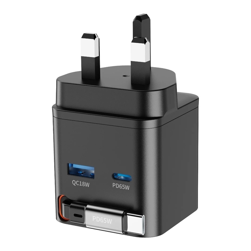 Powerology GaN PD 65W Dual-Port Charger + Cable Charger With Retractable Cable - Black Powerology GaN PD 65W Dual-Port Charger + Cable Charger With Retractable Cable - Black