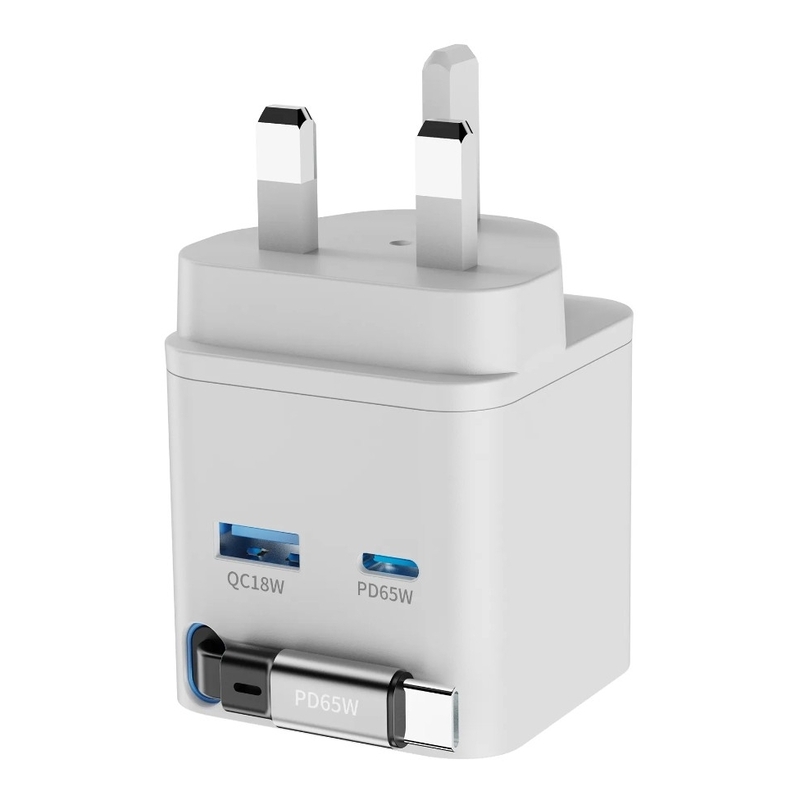 Powerology GaN PD 65W Dual-Port Charger + Cable Charger With Retractable Cable - White Powerology GaN PD 65W Dual-Port Charger + Cable Charger With Retractable Cable - White