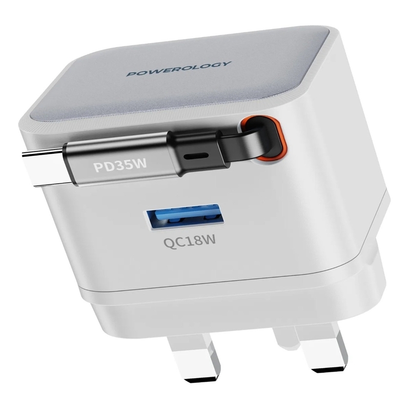 Powerology GaN PD 35W Dual-Port Charger With Retractable Cable - White Powerology GaN PD 35W Dual-Port Charger With Retractable Cable - White