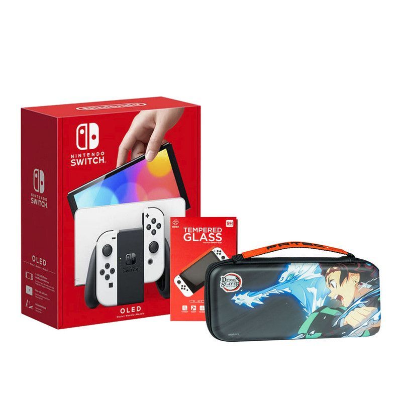 Nintendo Switch OLED White Joy-Con Console + Switch Demon Slayer Bag + Screen Protector Fr-Tec (Bundle)