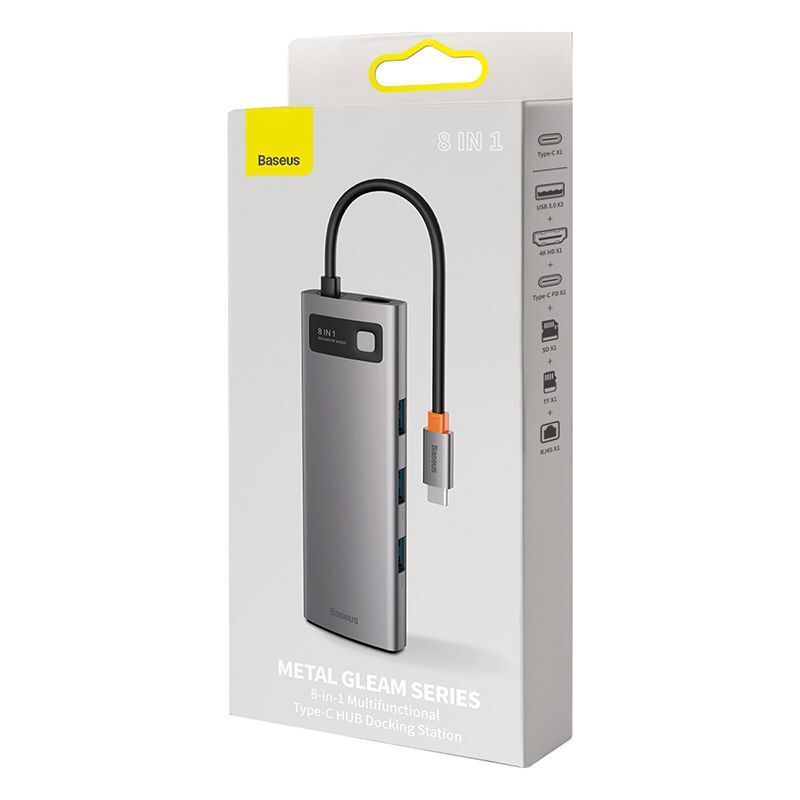 Baseus Metal Gleam Series 8-In-1 Multifunctional Type-C HUB Docking Station - Grey Baseus Metal Gleam Series 8-In-1 Multifunctional Type-C HUB Docking Station - Grey