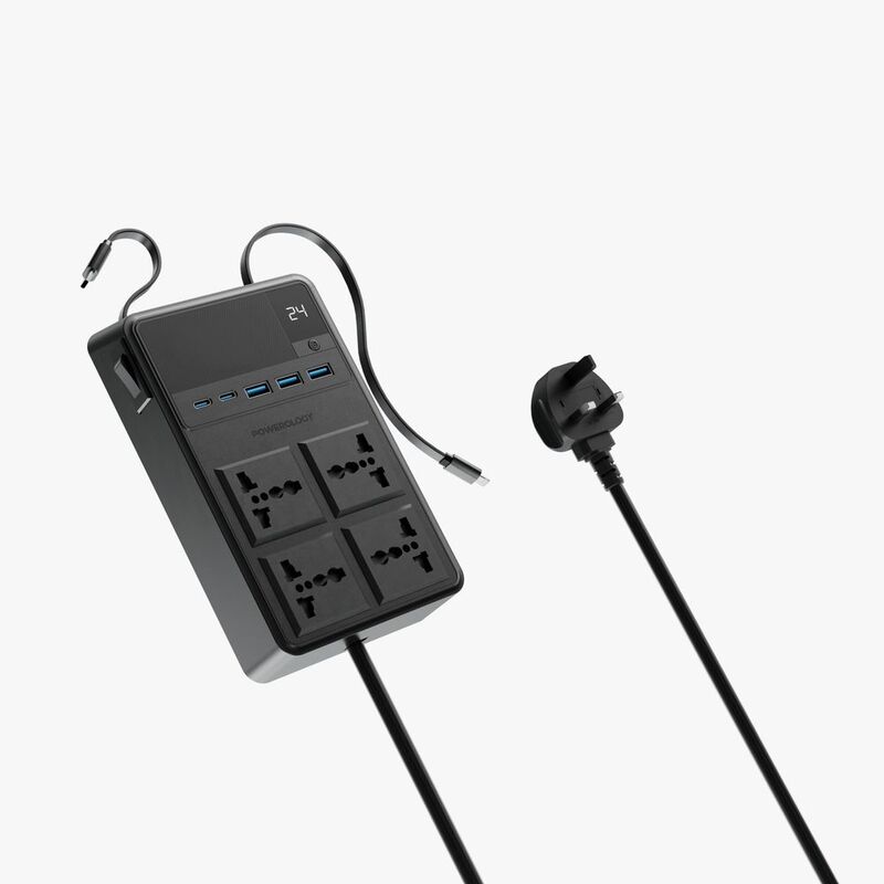 Powerology 2500W 4 AC Power Strip With Built-In Retractable Cables - Black Powerology 2500W 4 AC Power Strip With Built-In Retractable Cables - Black