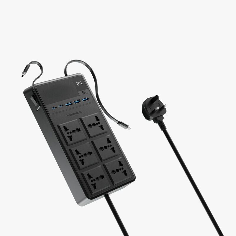 Powerology 2500W 6 AC Power Strip With Built-In Retractable Cables - Black Powerology 2500W 6 AC Power Strip With Built-In Retractable Cables - Black
