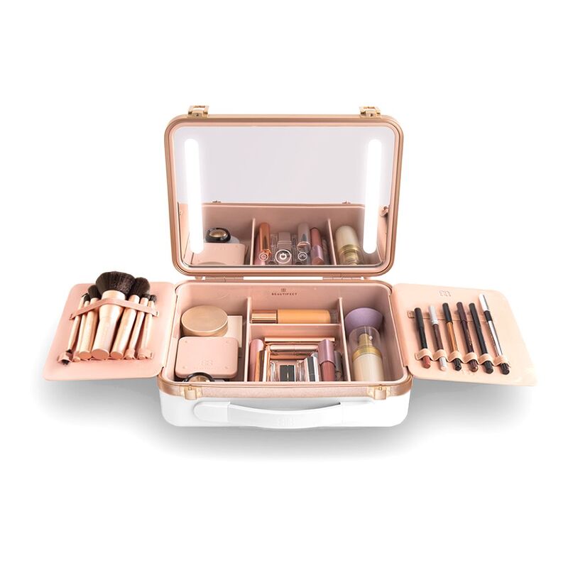 Beautifect Box Multi-Compartment Makeup Box with Built-in Mirror - White