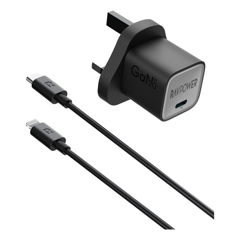 RavPower RP-PC1058 GaN PD 20W Wall Charger + USB-C to Lightning Cable Combo - Black