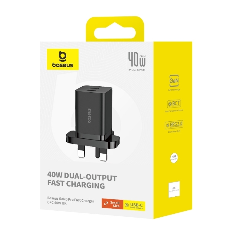 Baseus GaN5 Pro Fast Charger C+C 40W UK - Black Baseus GaN5 Pro Fast Charger C+C 40W UK - Black