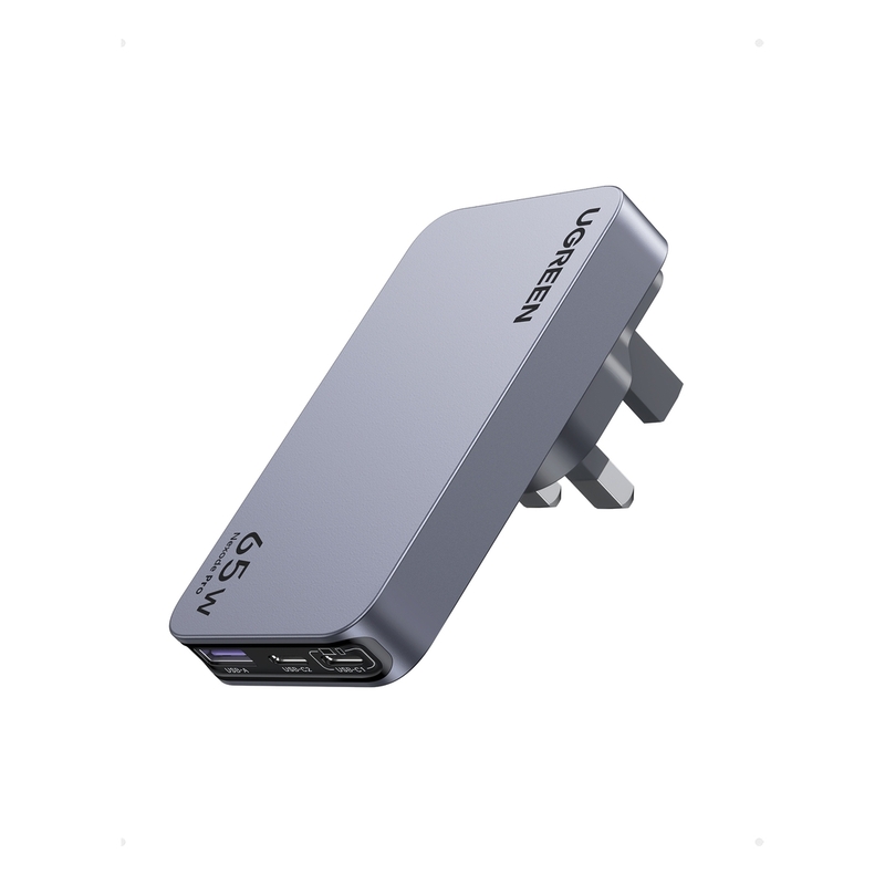 UGREEN Nexode Pro 65W PD GaN Biscuit Travel Charger 2C 1A Fixed US Plug Swappable UK/EU - Gray