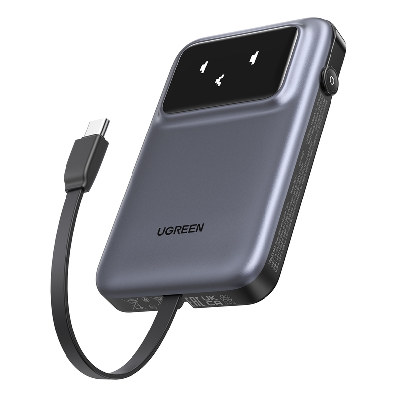 UGREEN Uno Power Bank 10000mAh 30W PD With Built-In USB-C Cable + USB-C 30W In/Out + USB-A 22.5W Out - Gray UGREEN Uno Power Bank 10000mAh 30W PD With Built-In USB-C Cable + USB-C 30W In/Out + USB-A 22.5W Out - Gray