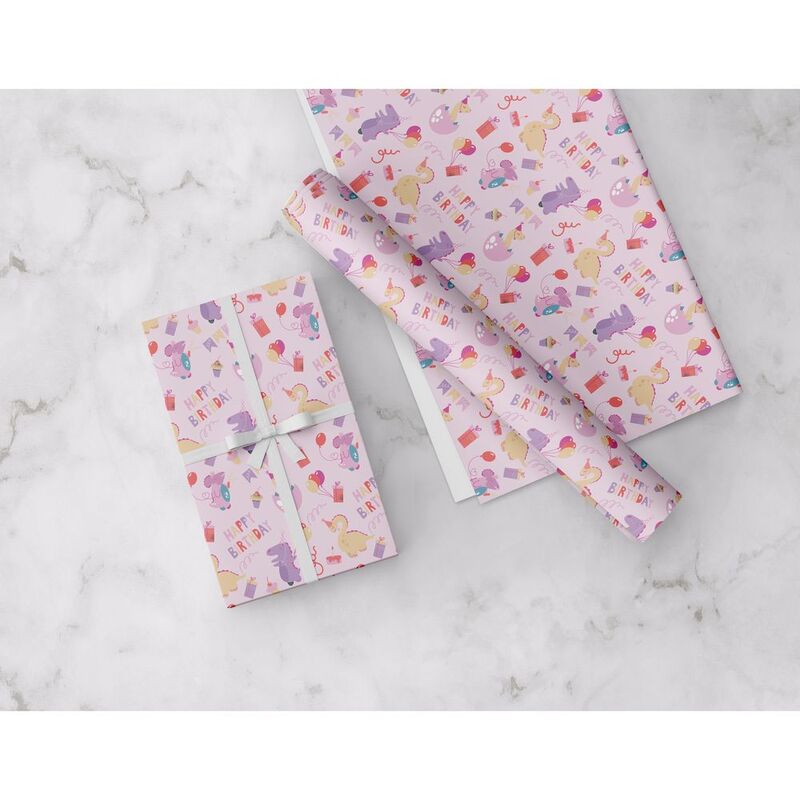 Share The Love Dino Wrapping Paper - Pink - (50 x 70 cm)