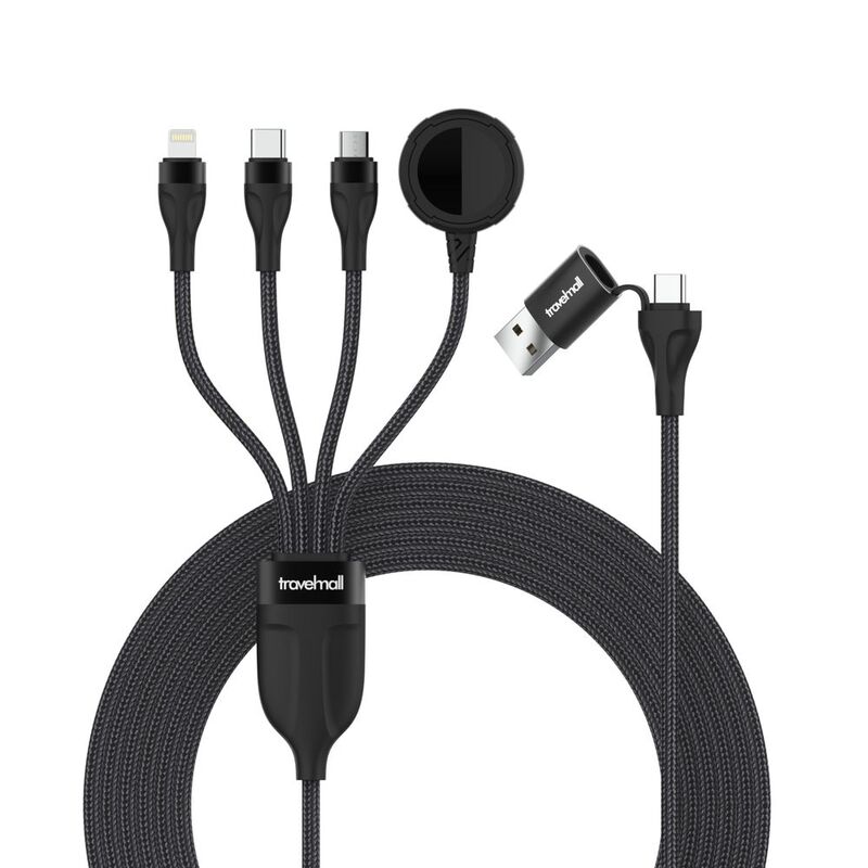 Travelmall 5-In-1 Lightning Micro-USB And USB-C Intelligent Cable With Apple Charger - Black Travelmall 5-In-1 Lightning Micro-USB And USB-C Intelligent Cable With Apple Charger - Black