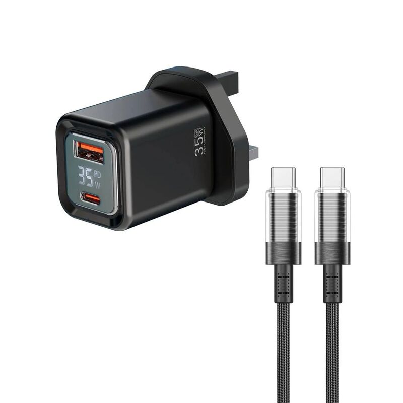 Porodo Dual-Port | Digital Display Quick Charger With USB-C To USB-C Cable - Black Porodo Dual-Port | Digital Display Quick Charger With USB-C To USB-C Cable - Black