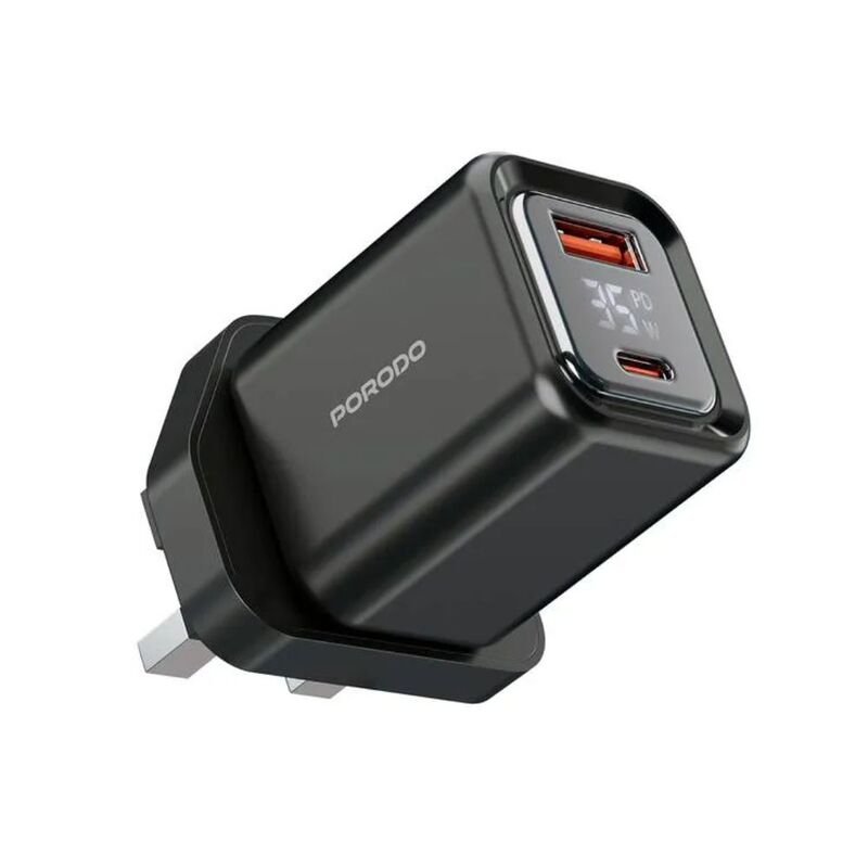 Porodo Dual-Port | Digital Display Quick Charger With USB-C To Lightning Cable - Black Porodo Dual-Port | Digital Display Quick Charger With USB-C To Lightning Cable - Black