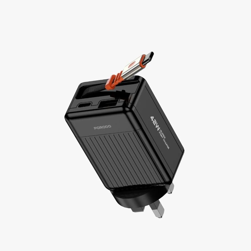 Porodo 75cm Retractable Type-C Super Quick Gan Charger - Black