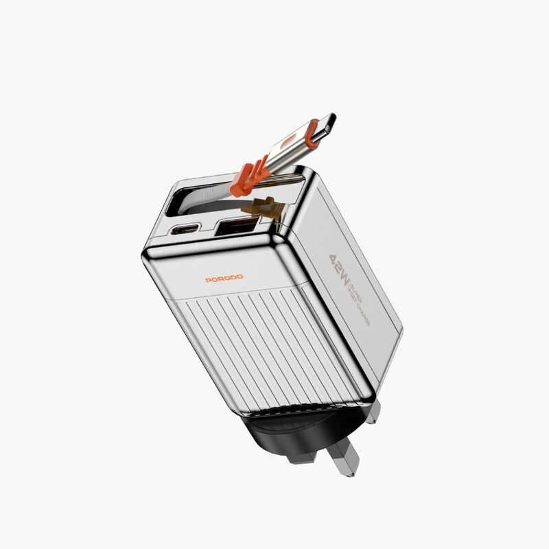 Porodo 75cm Retractable Type-C Super Quick Gan Charger - Silver