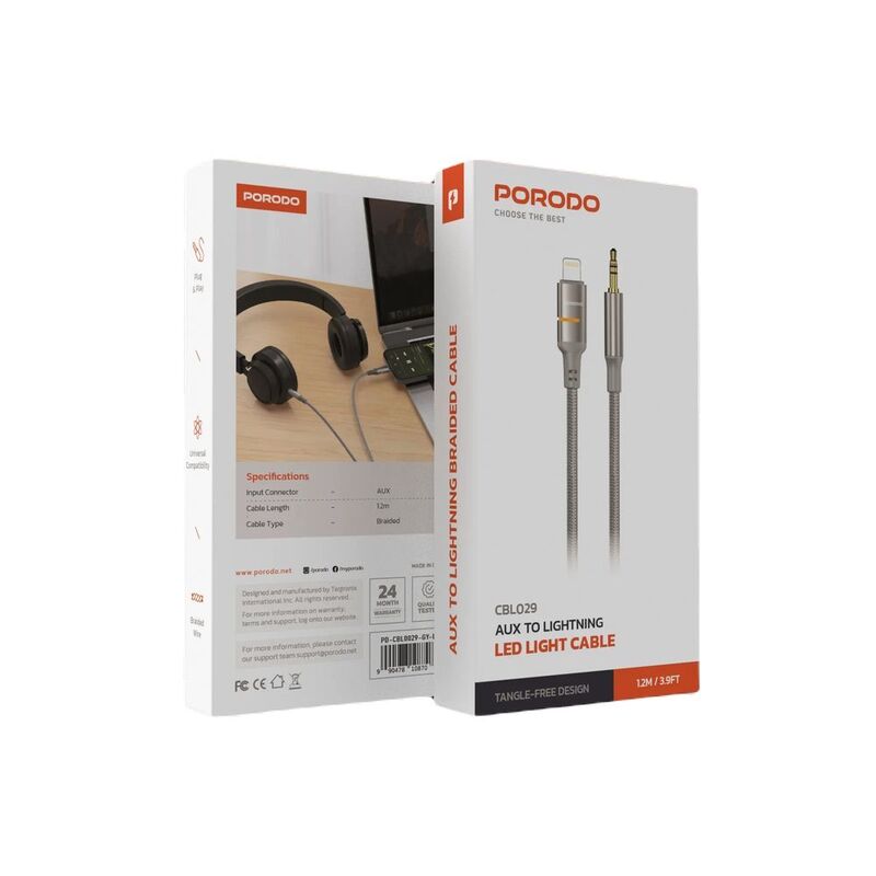 Porodo AUX To Lightning LED Light Cable - Grey
