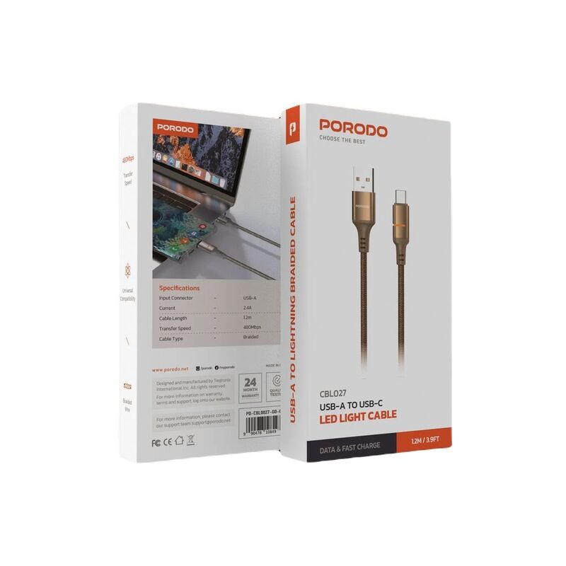 Porodo USB-A To USB-C LED Light Cable - Desert Titanium Porodo USB-A To USB-C LED Light Cable - Desert Titanium