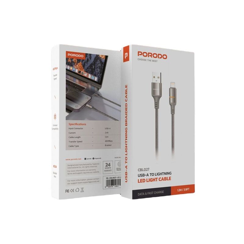 Porodo USB-A To Lightning LED Light Cable - Grey