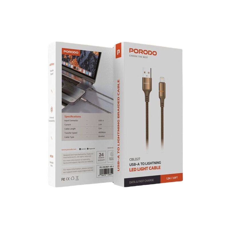 Porodo USB-A To Lightning LED Light Cable - Desert Titanium