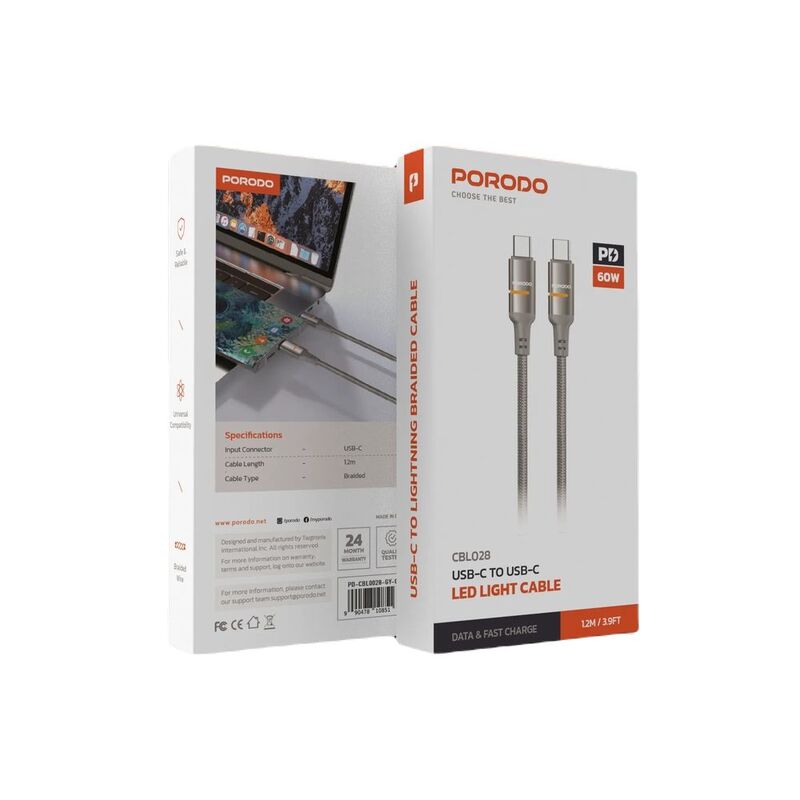 Porodo USB-C To USB-C LED Light Cable - Grey