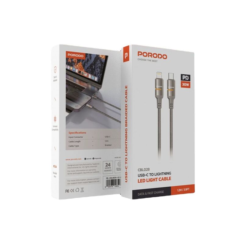 Porodo USB-C To Lightning LED Light Cable - Grey
