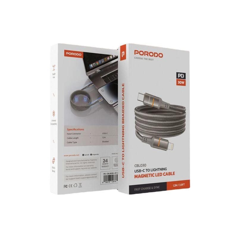 Porodo 30W Type-C To Lightning Magnetic Braided Cable - Grey