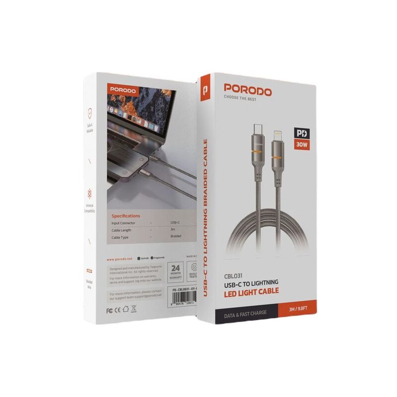 Porodo 30W Type-C To Lightning Braided Cable - Grey Porodo 30W Type-C To Lightning Braided Cable - Grey