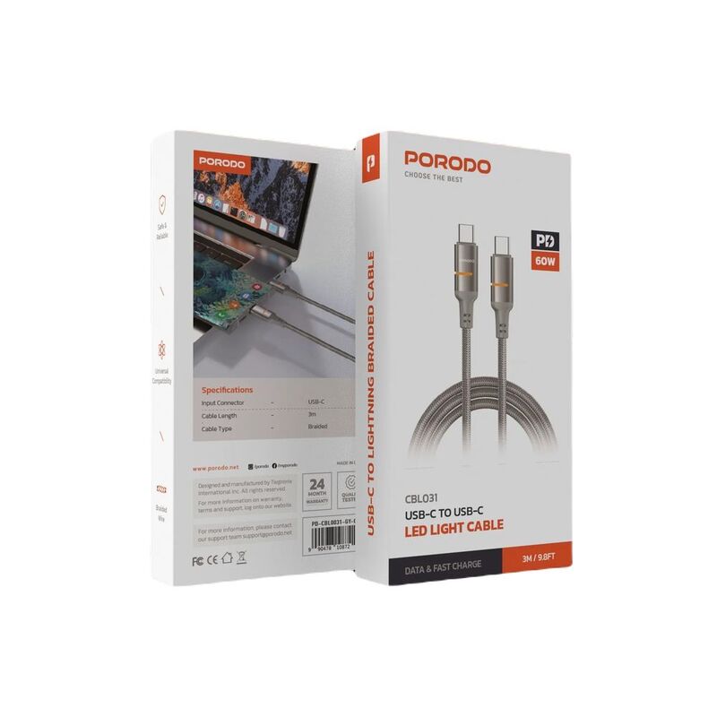 Porodo 60W Type-C To Type-C Braided Cable - Grey Porodo 60W Type-C To Type-C Braided Cable - Grey