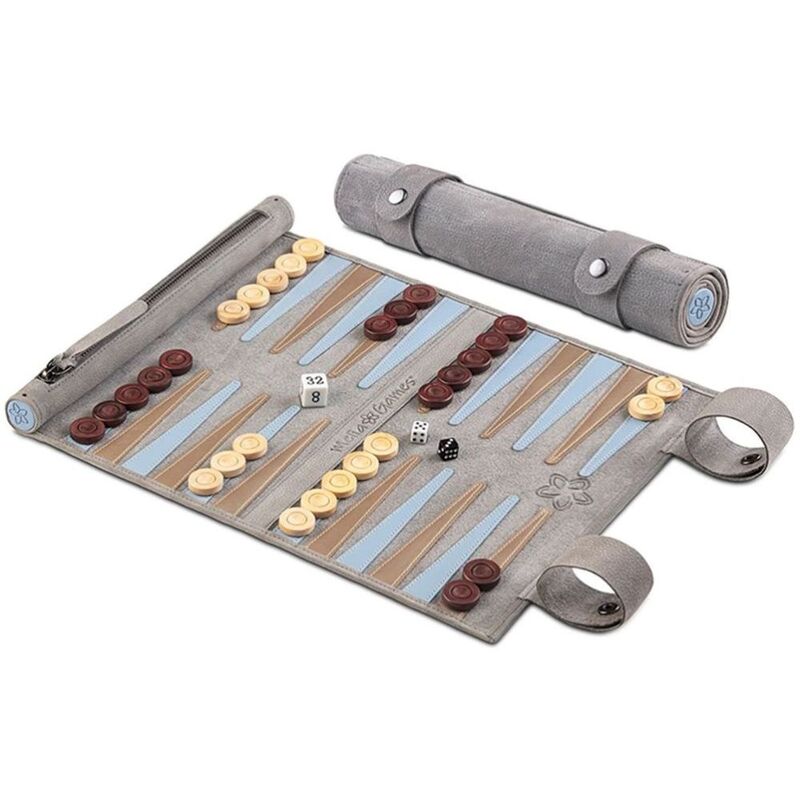 Melia Games Backgammon Travel Roll Up Leather Set Light - Gray Melia Games Backgammon Travel Roll Up Leather Set Light - Gray