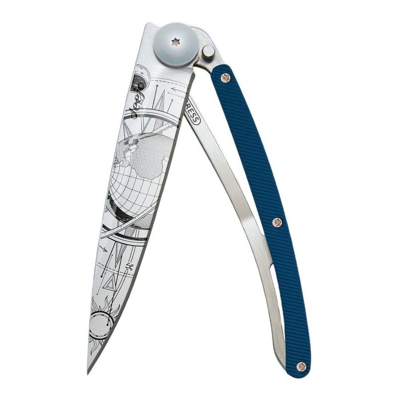 Deejo 37G Blue Aluminum Pocket Knife - Globe Trotter Blue Deejo 37G Blue Aluminum Pocket Knife - Globe Trotter Blue