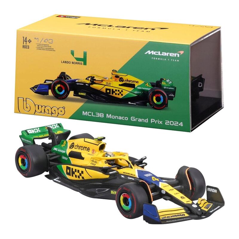 Bburago Formula 1 Mclaren Team Monaco Gp 2024 #4 Mcl38 1.43 With Helmet & Plastic Stand Die Cast Bburago Formula 1 Mclaren Team Monaco Gp 2024 #4 Mcl38 1.43 With Helmet & Plastic Stand Die Cast