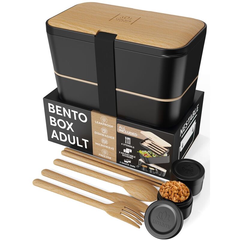 Umami Nestable Bento Box Set Dual Black & Beech Wood Lid 1500ml