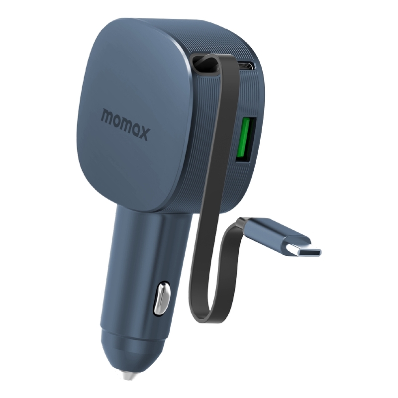 Momax 1-Move+ 60W 2-Port Car Charger With Built-In Retractable Cable - Grey Momax 1-Move+ 60W 2-Port Car Charger With Built-In Retractable Cable - Grey