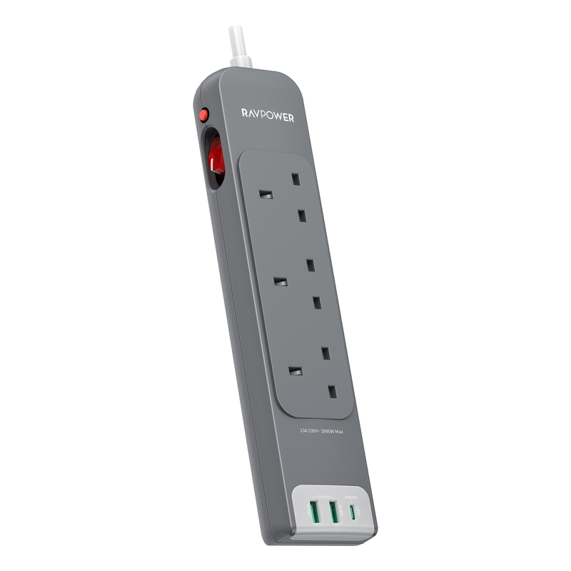 RavPower RP-PC1038 3 Outlets Power Strip Gray Uk Version 3M With USB Port - Gray