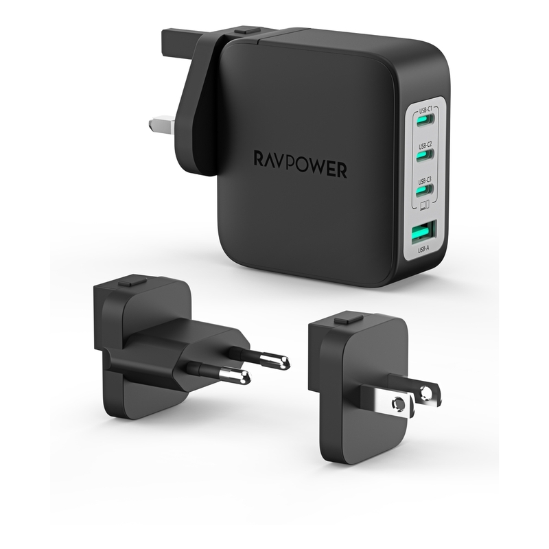 Ravpower RB-PC1087 Wall Charger Uk Plug 3C + 1A Pd Pioneer 140W (With Uk/Us/Eu Plug) - Black Ravpower RB-PC1087 Wall Charger Uk Plug 3C + 1A Pd Pioneer 140W (With Uk/Us/Eu Plug) - Black