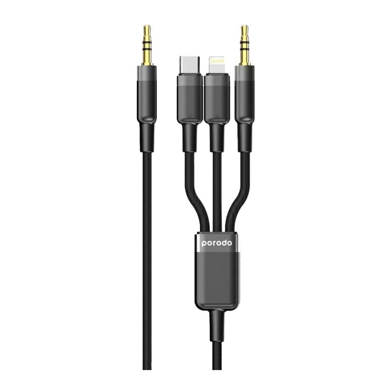 Porodo Multi-Device Aux 3.5mm Type-C Lightning Cable(4Ft/1.2M) - Black Porodo Multi-Device Aux 3.5mm Type-C Lightning Cable(4Ft/1.2M) - Black