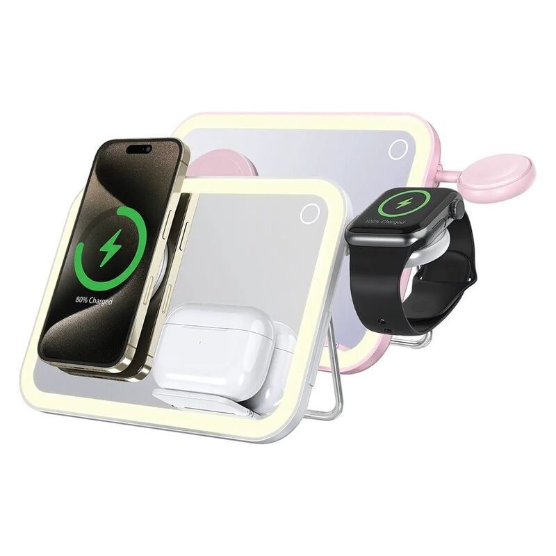 Porodo Multi-Device Wireless Chargiang Mirror With Lights - Pink Porodo Multi-Device Wireless Chargiang Mirror With Lights - Pink