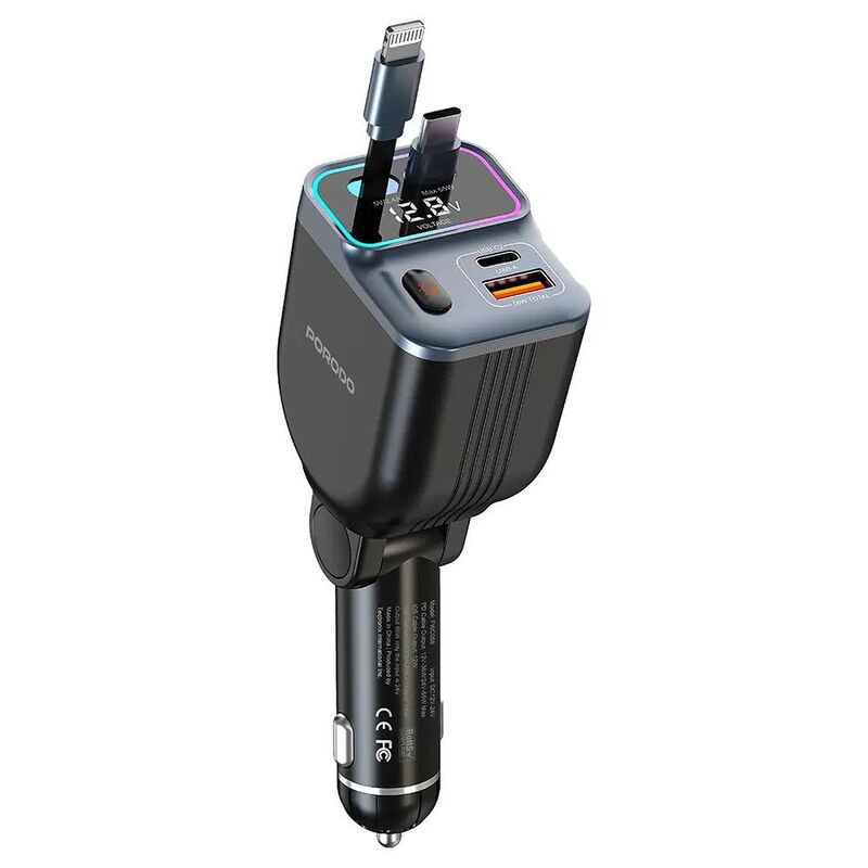 Porodo 65W Car Charger Dual Retractable Cable - Black Porodo 65W Car Charger Dual Retractable Cable - Black