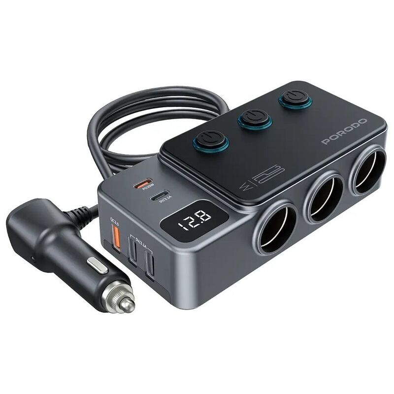 Porodo 120W Car Charger Hub Triple-Port Lighter Socket - Dark Gray Porodo 120W Car Charger Hub Triple-Port Lighter Socket - Dark Gray