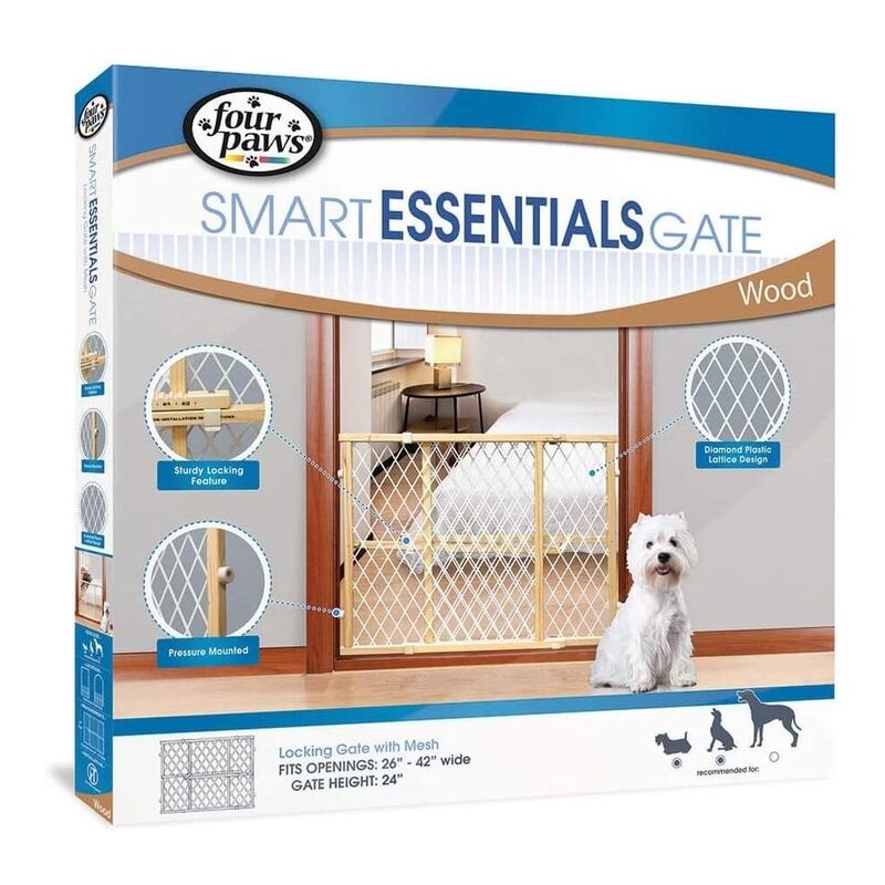 Four Paws Pet Safety Gate Wood Frame with Plastic Mesh (26 x 24 Inch)