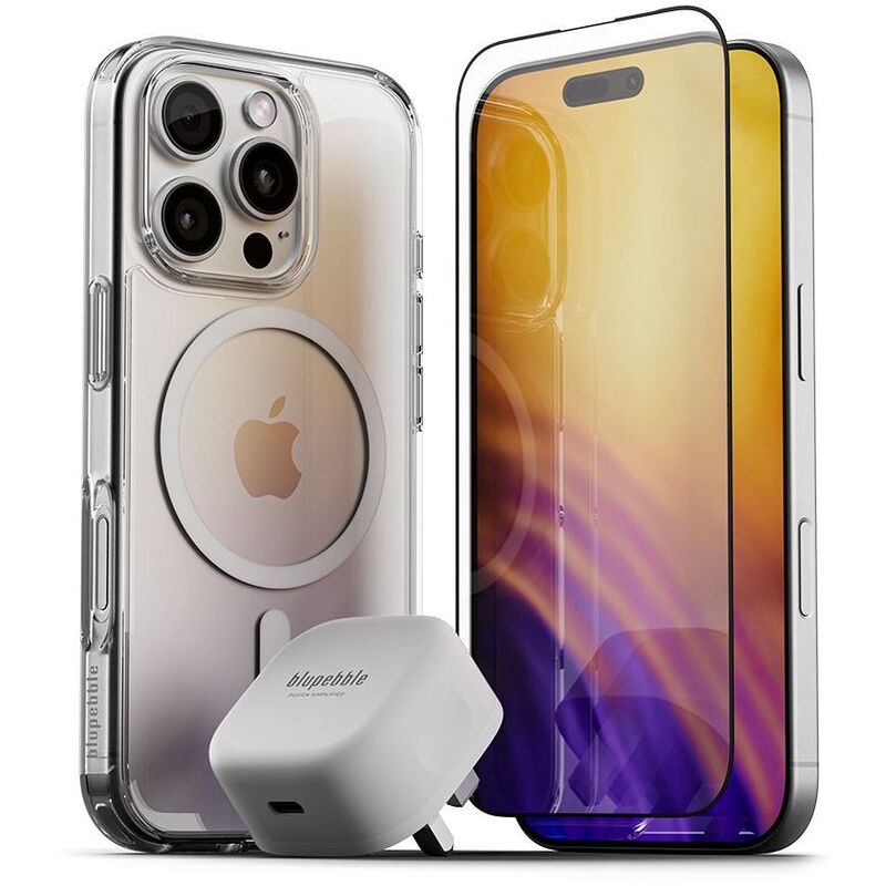 Blupebble Bundle Pack Crystal Clear Case + Clear Rock Graphene Tempered Glass + 30W Gan Charger for iPhone 16 Pro