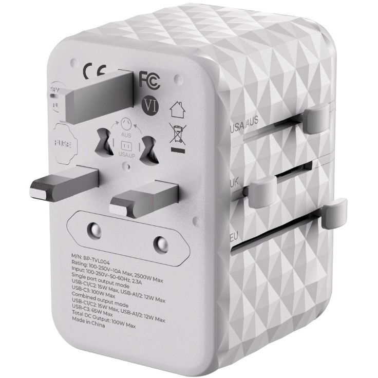 Blupebble Passport 4 World Travel Adapter with Gan III Tech 100W + 3 USB-C + 2 USB-A - White Blupebble Passport 4 World Travel Adapter with Gan III Tech 100W + 3 USB-C + 2 USB-A - White