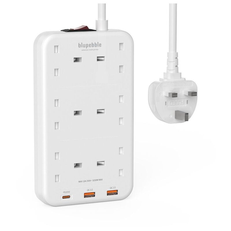 Blupebble 6 Plug Surge Protection Power Strip Pd20W USB-C + 2 USB-A Ports with 1.5M Cord Length Blupebble 6 Plug Surge Protection Power Strip Pd20W USB-C + 2 USB-A Ports with 1.5M Cord Length