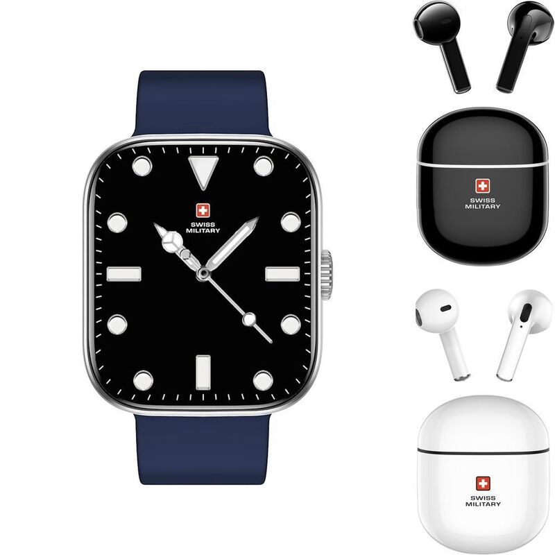 Swiss Military ALPS4 Smartwatch Silver Frame Blue Silicon Strap + Swiss Military TWS Victor 5 - Black (Bundle) Swiss Military ALPS4 Smartwatch Silver Frame Blue Silicon Strap + Swiss Military TWS Victor 5 - Black (Bundle)